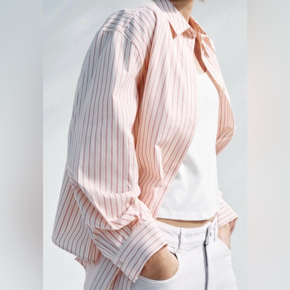 Zara Tops - Zara Pink & Red Striped Cotton Button-Up Blouse | L | Shorter in Back | NWT
